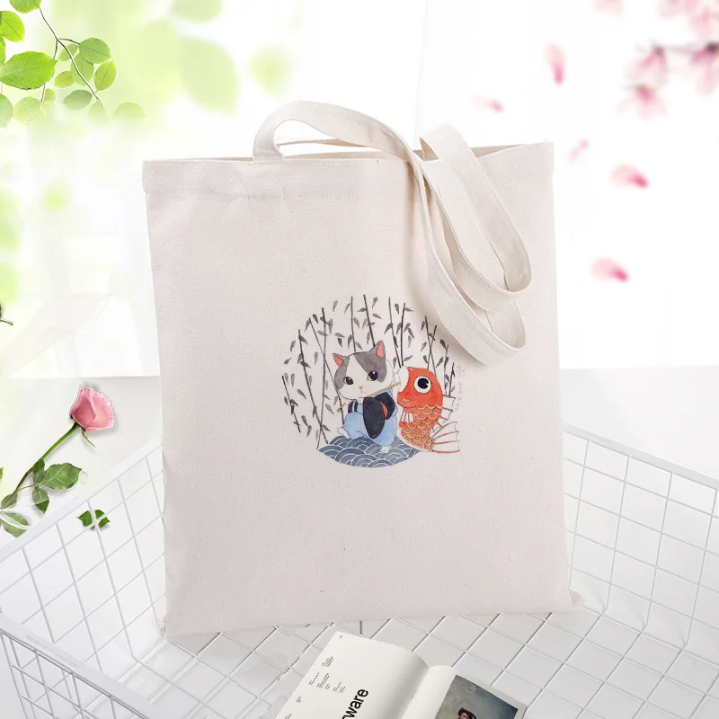 

Canvas Tote Bag Cat Pattern Print Daily Use Handbag Eco Ecologicas Reusable Shopping Bag RecycleBag Recycle