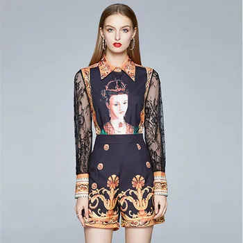 

Summer Runway Women Shorts Suit Vintage Abstract Character Print Single breasted blouse Shirt＋Mini Short Pants 2 Tow Pieces Sets