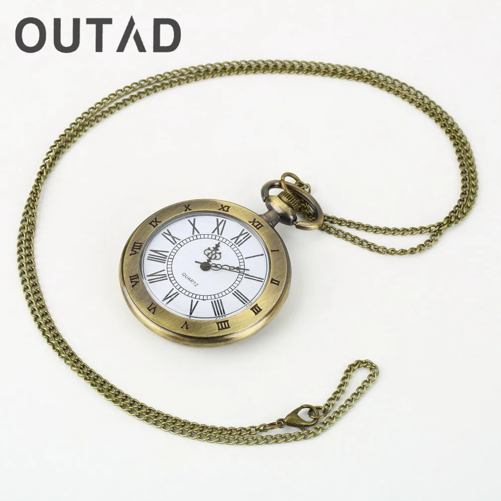 

OUTAD 1Pcs Bronze Roman Pocket Fob Watch Antique Numerals Chain Necklace Pendant Quartz Watches relogio Gift For Father Dad