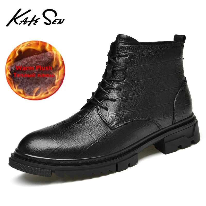 

KATESEN Men's Boots Autumn Winter Plush Warm Leather All Season Work Boots Men's Fashion Ankle Boots Plus Fur Black Plus Size 48