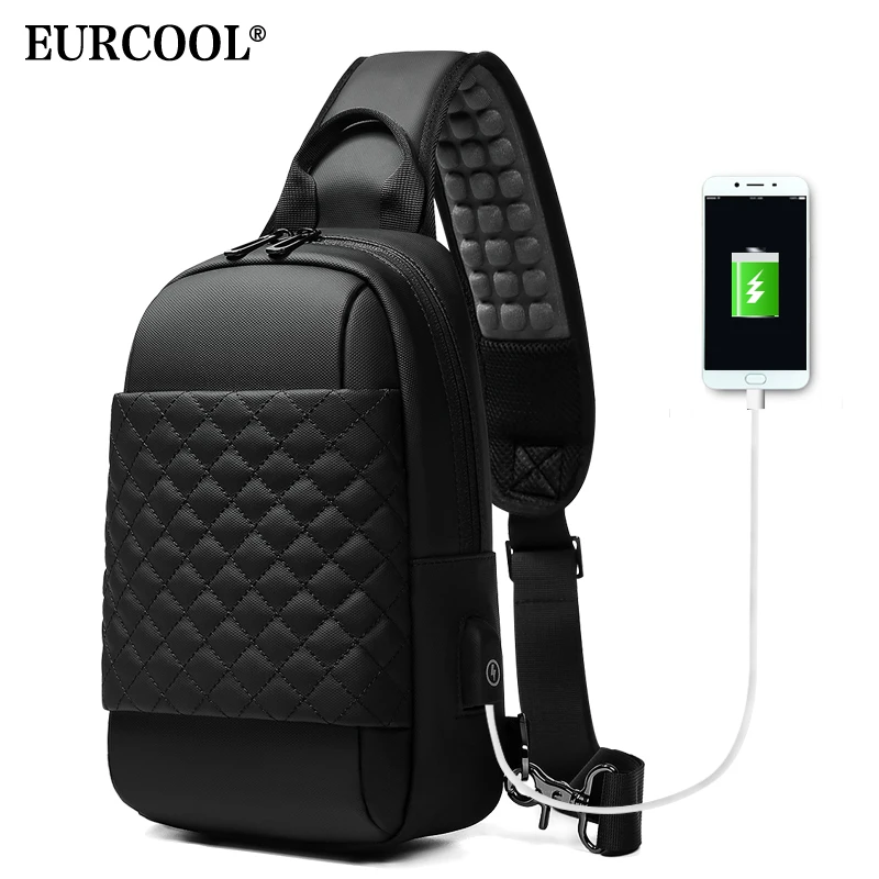 Сумка мессенджер EURCOOL n1903 Мужская черная водонепроницаемый саквояж на плечо с USB