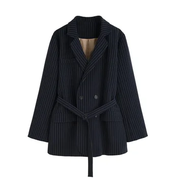 

LANMREM 2020 autumn new Korean style loose double breasted striped striped suit jacket sashes notched blazers for women2A202