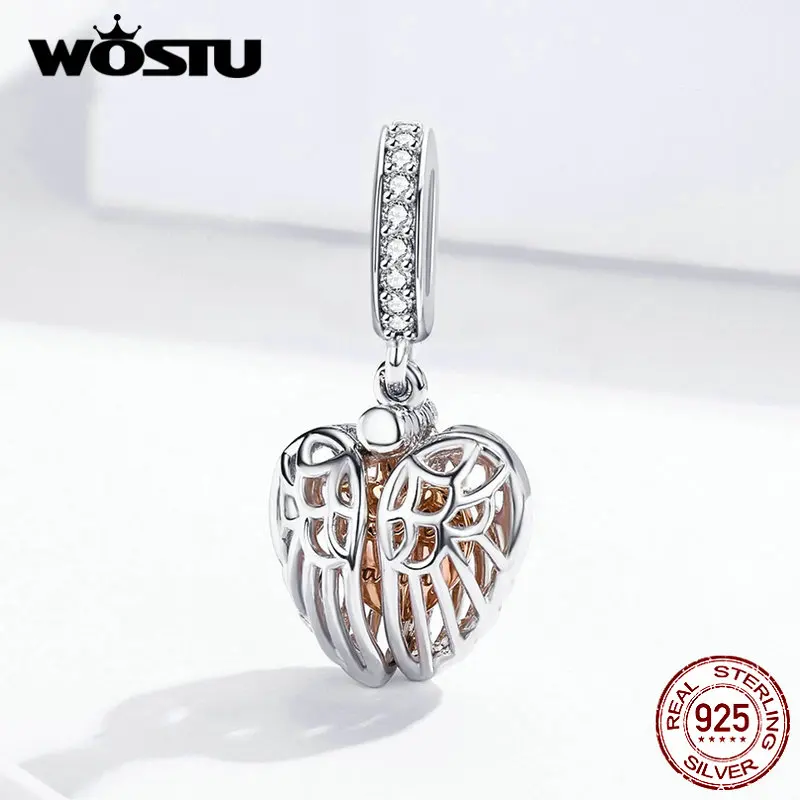 WOSTU Новое поступление настоящие 925 пробы серебряные амулеты семья навсегда с крыльями ангела Подвеска подходит браслет CQC1299