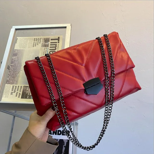 New Casual Chain Crossbody Bags For Women Fashion Simple Shoulder Bag Ladies Designer Handbags PU Leather Messenger Bags red