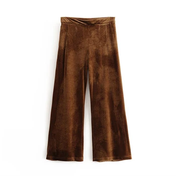

Stylish Solid Velvet Wide Leg Pants Women High Waist Side Zipper Office Wear Full Trousers Pantalones