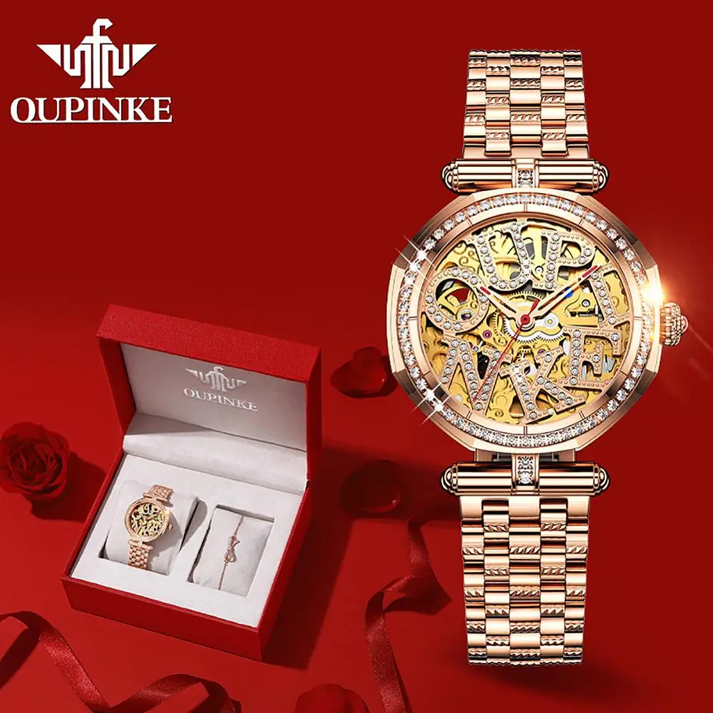 Automatic Watch Mechanical-Wristwatches Skeleton Rose-Gold Transparent OUPINKE Women