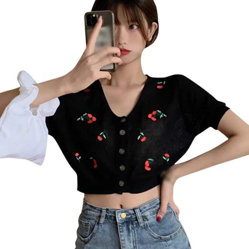 

Embroidered Cherry Thin Short-sleeved Knitted Cardigan Sweet Women's Hollow V-neck Cropped Top