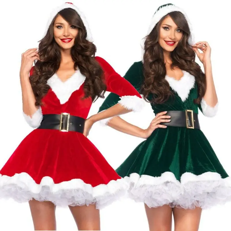 Рождественский Женский костюм Санта-Клауса, сексуальное бархатное бальное платье с глубоким v-образным вырезом, вечерние платья на Рождество