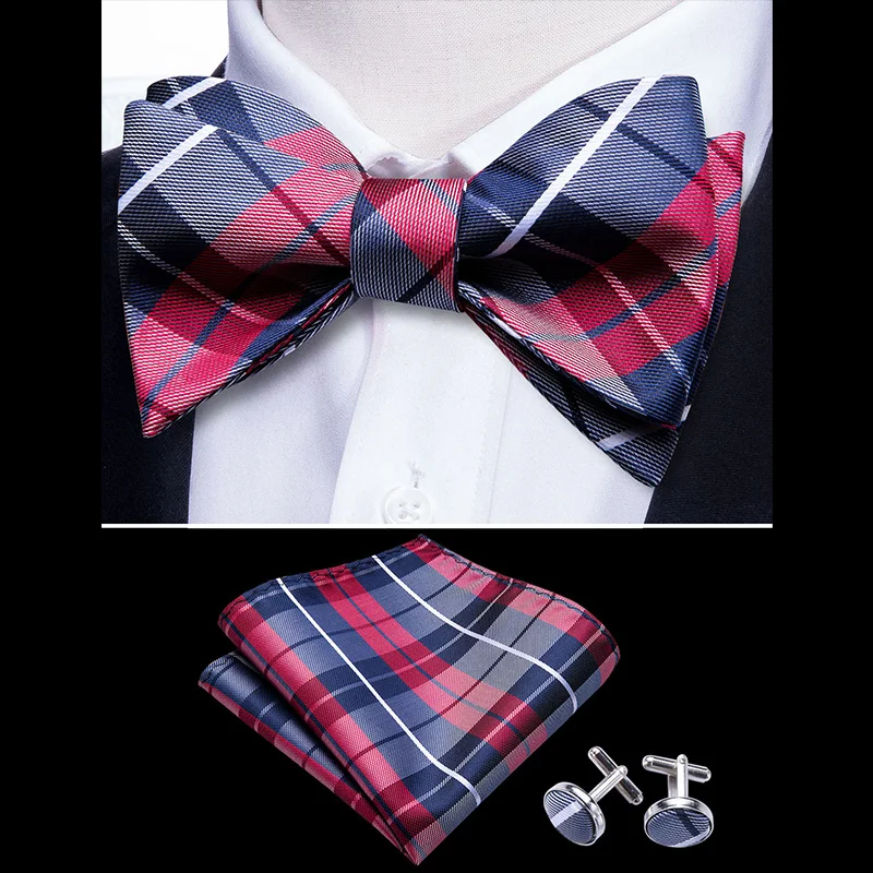 

Pink Butterfly Self Bow Ties For Men Silk Creamy Red Lattice Handky Cufflink Suit Collar Removable Necktie Barry.Wang LH-1005