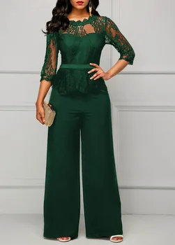 

Fashion Women Plus Size Jumpsuit Hot Sale Loose Solid Color Playsuit Party Romper Half Lace Sleeve Party Elegant Long Jumpsuit