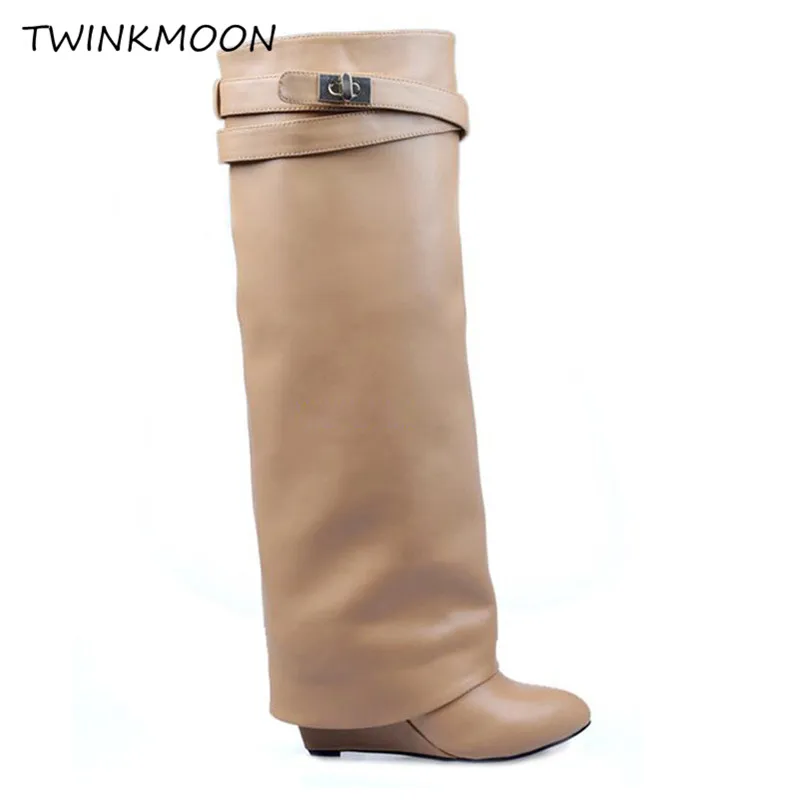 Wedge Shark Lock Women's Boot Genuine Leather Knee High Boots Winter Black Designer Fold Over Long Boot Botas Botas Mujer 2019