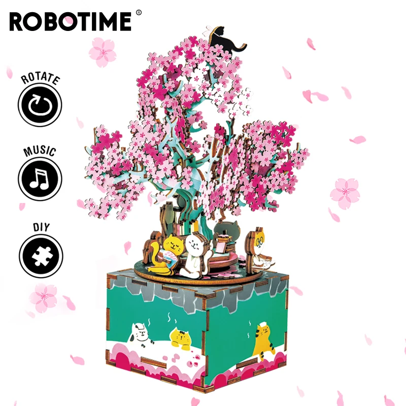 Robotime поделки деревянная музыкальная шкатулка 3D Rotatabl Вишневое дерево Кот