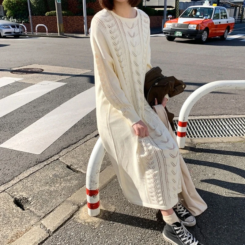 SuperAen, корейский стиль, вязаное длинное платье для женщин, осень и зима, новое повседневное женское платье, одноцветное, модная женская одежда