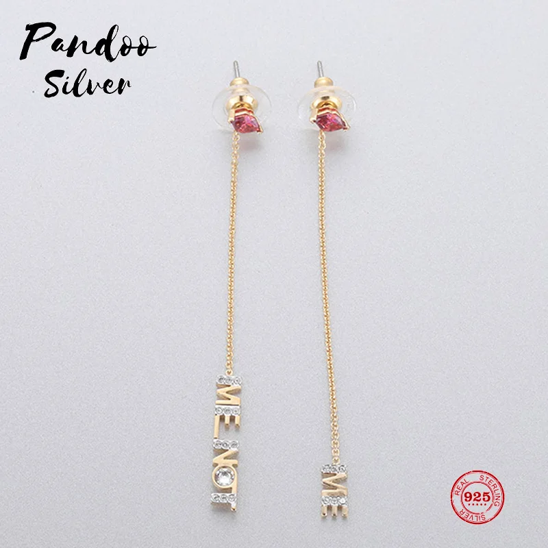 PANDOO Fashion Charm Sterling Silver Original 1:1 Copy, Romantic Letters Long Paragraph Wild Earrings Women Luxury Jewelry Gifts - Окраска металла: Многоцветный