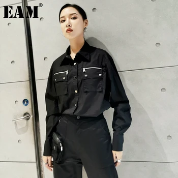 

[EAM] Women Black Split Joint Temperament Blouse New Lapel Long Sleeve Loose Fit Shirt Fashion Tide Spring Autumn 2020 1H586