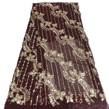 

Hot sale Women Dress Fabric ARF21 wonderful golden-red sequins vines pattern most popular wholesale French Tulle Lace Fabric
