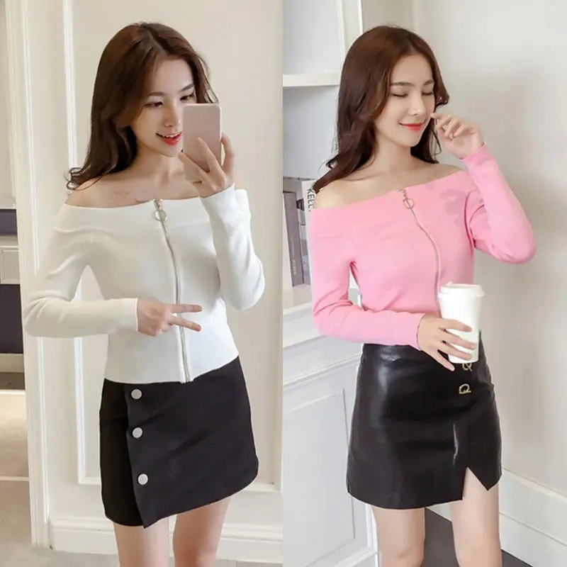 

Slash Neck Collar Off Shoulder Solid Color Slim Long Sleeve Sweater Spring Zipper Small Sexy Shirt Tide