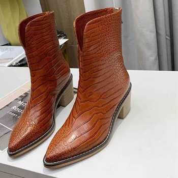 

Crocodile Pattern Ankle Boots Women Pointed Toe Back Zipper Square Heels Genuine Leather Boots 2020 New Luxury Brand Female Shoe