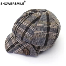 SHOWERSMILE Newsboy Cap Women Tweed Vintage Octagonal Hat Plaid Ladies Gray Retro Duckbill Cap Ivy Wool Winter Caps Berets 2021