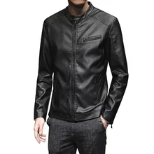Осенняя мужская флисовая искусственная кожа мужская повседневная Модная приталенная кожаная куртка со стоячим воротником Тонкая кожаная куртка мужская байкерская куртка