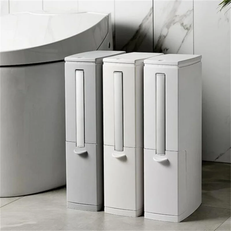 2 In 1 Narrow Plastic Trash Can Set With Toilet Brush Bathroom Waste