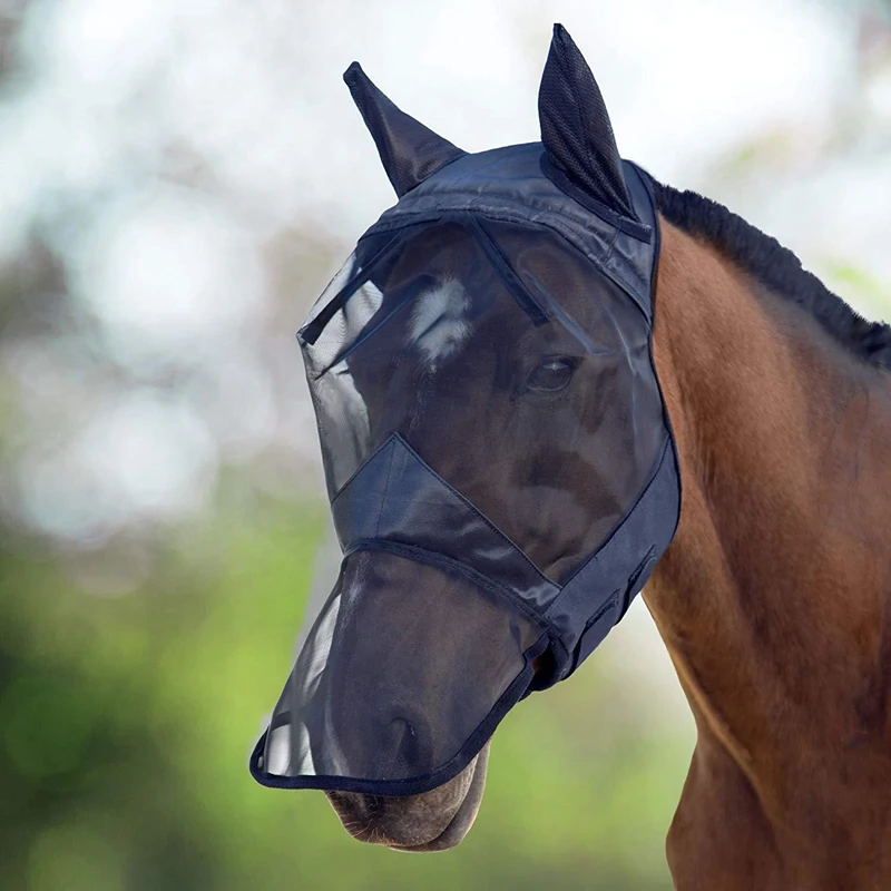 Fly маска полная маска лошади тонкая сетка УФ Защита с ушами Equine длинный нос дышащий черный L