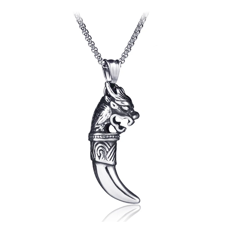 Vintage Viking Wolf Tooth Stainless Steel Pendant Necklace High Quality Spike Punk Jewelry for Men Male Birthday Gift LN3004
