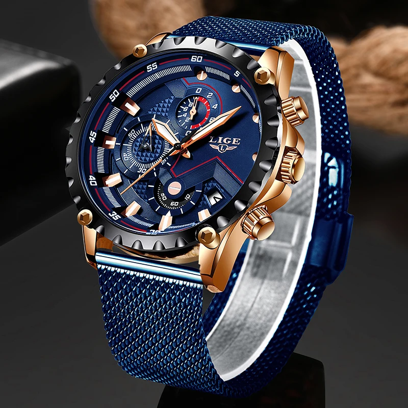$20.99 New Lige Blue Casual Mesh Belt Fashion Quartz Gold Watch Mens Watches Top Brand Luxury Waterpr