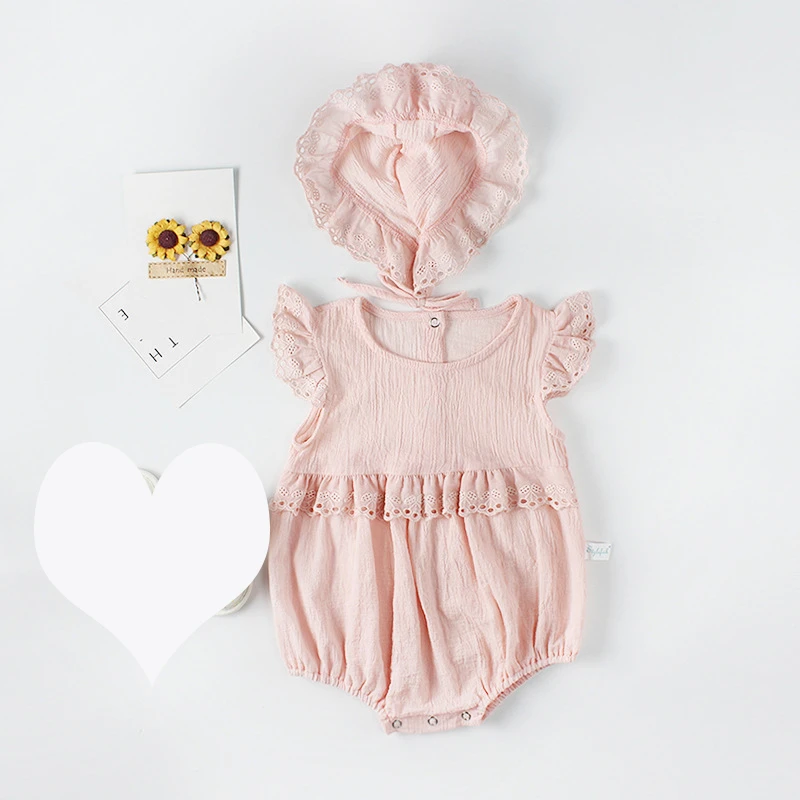 Koodykids/ г. Боди для маленьких девочек; летние хлопковые кружевные комбинезоны; розовый комбинезон для маленьких девочек со шляпой; Одежда для маленьких девочек; летние комбинезоны - Цвет: COLOR 1