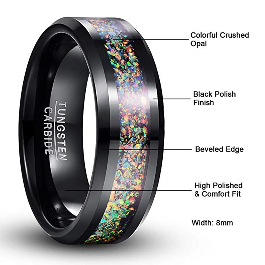 Nuncad 8mm Black Color Electroplated Polished Natural Colorful Opal Tungsten Carbide Rings Men's Jewelry Wedding Bands