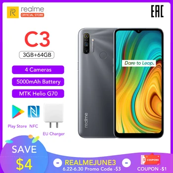 Перейти на Алиэкспресс и купить Realme C3 глобальная версия 3 Гб RAM 64 Гб ROM Pro мобильный телефон MTK Helio G70 CPU 12MP камера 6,5 дюйммини-капля полноэкранный 5000 мАч NFC