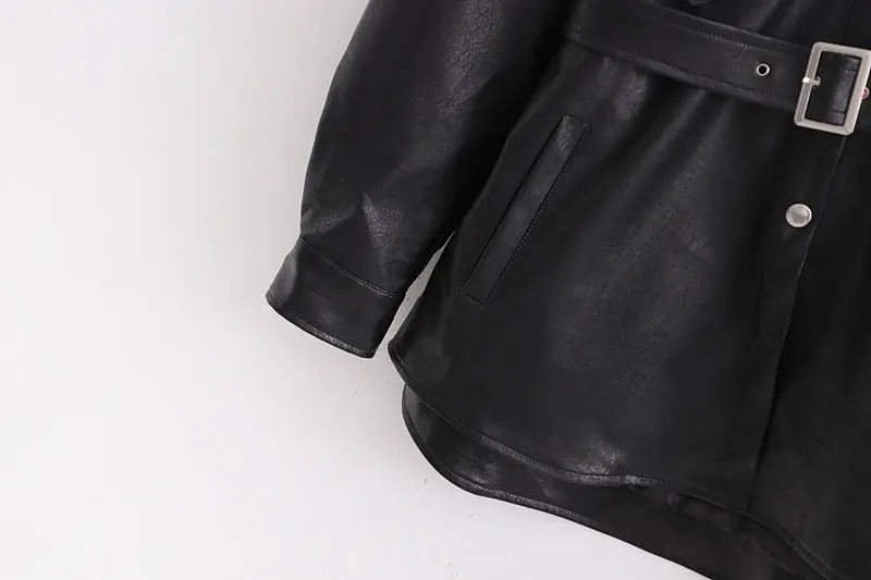 Faux Leather Jackets Women Fashion PU Black Coat Elegant Belt Waist Pockets Buttons Female Coats Streetwear Ladies Jackets