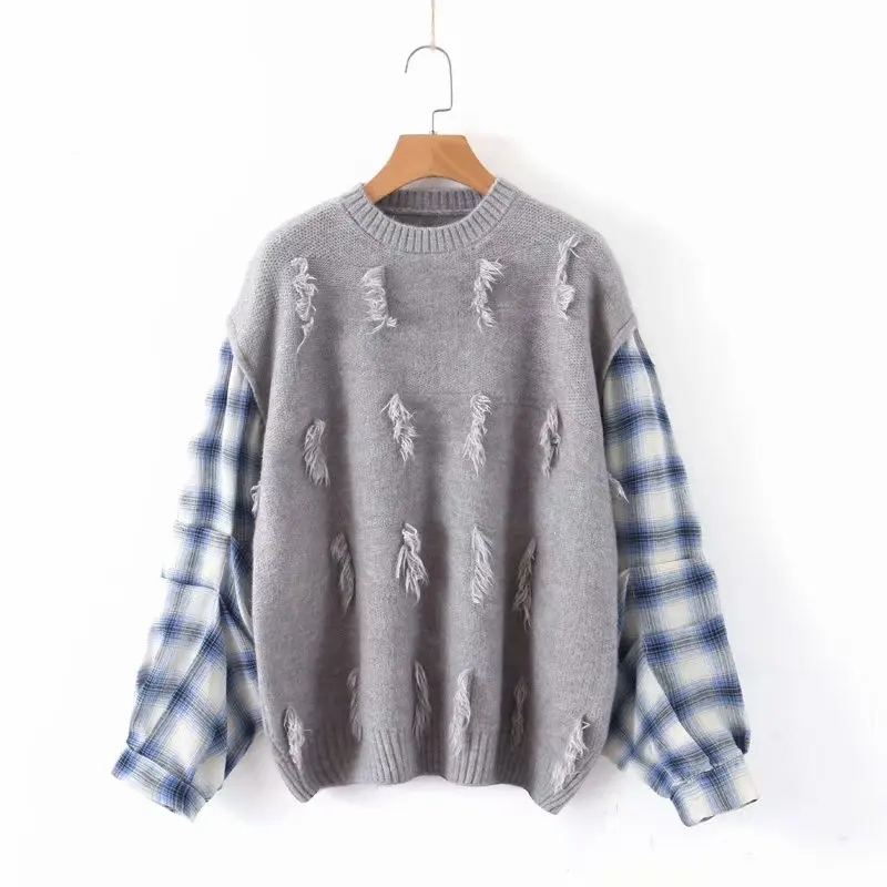 

Pullover Sweater Plaid shirt Sleeve Splice Knitted Twist Sweaters Autumn Women Fashion Women Jumper Ladies Sweater Tops