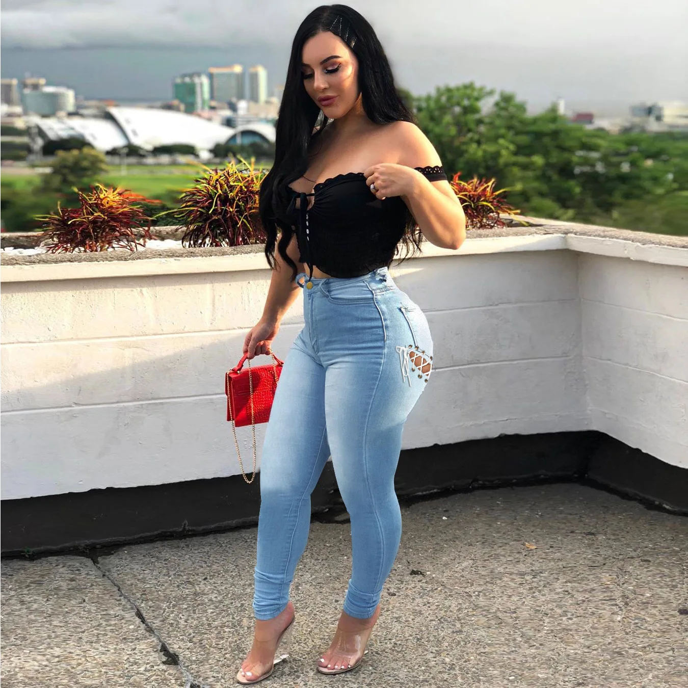 Jeans da donna Slim Fit moda tinta unita strappato foro nappa Stretch vita  media Denim matita pantaloni lunghi pantaloni - AliExpress Women's Clothing