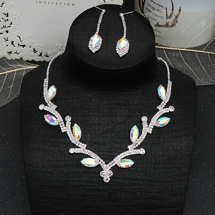 Luxury Colorful Crystal Irregular Leaf Shape Bridal Necklace Earrings For Women Bling Rhinestone Choker Necklace Wedding Jewelry 