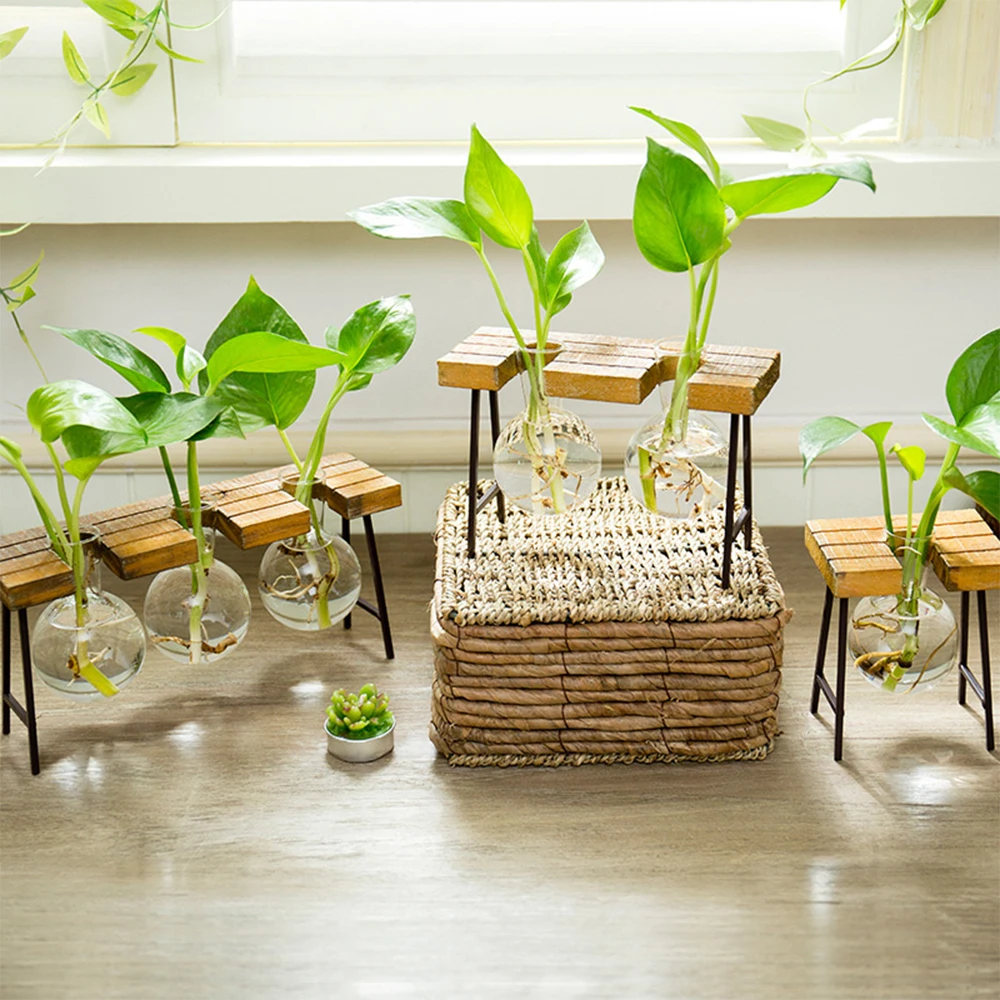 Terrarium Hydroponic Plant Vases Glass Vase Planter Vintage Flower Pot Tabletop Decoration Vase with Wooden Tray Home Decor 2