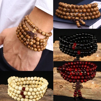 Pulseras budistas de madera de sándalo Natural para hombres y mujeres, nudo de cuentas de oración de Buda, pulseras y brazaletes de ébano negro