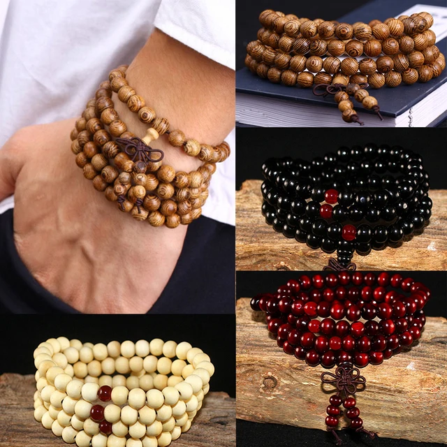 Pulseras budistas de madera de sándalo Natural para hombres y mujeres, nudo de cuentas de oración de Buda, pulseras y brazaletes de ébano negro