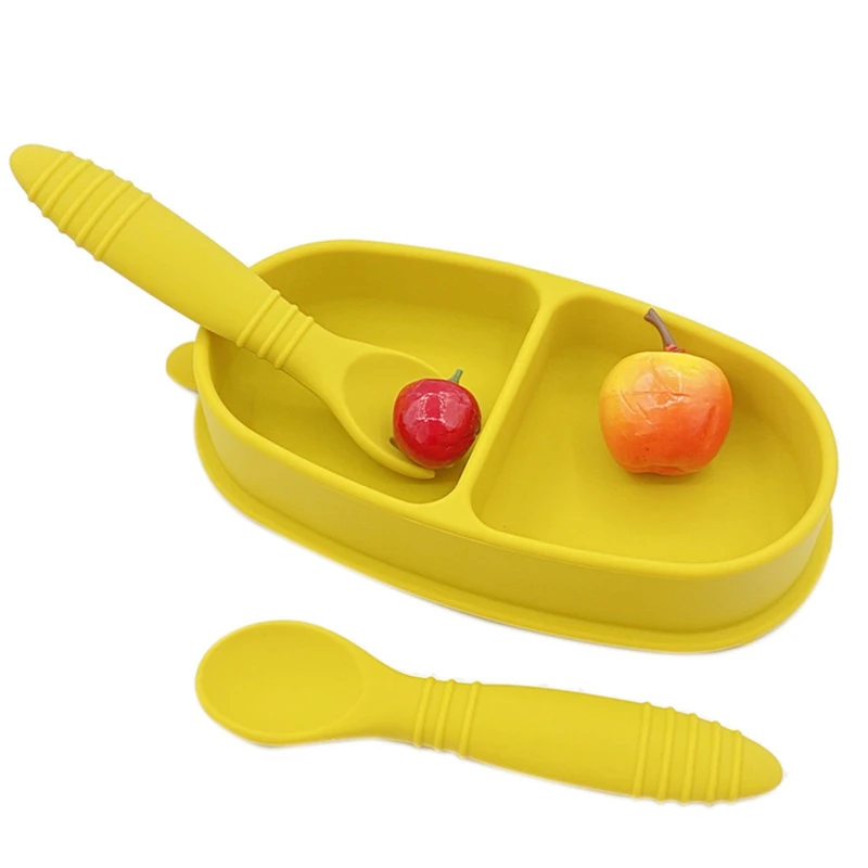 

Baby Silicone Dinner Plate Set Bowl + Spoon + Fork Dinnerware Set Solid Color Newborn Toddler Baby Feeding Dishes