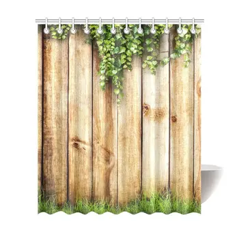 

Elegant Spring Green Grass & Leaf Plant Over Wood Fence Home Decor Waterproof Polyester Fabric Shower Curtain Bathroom Sets with