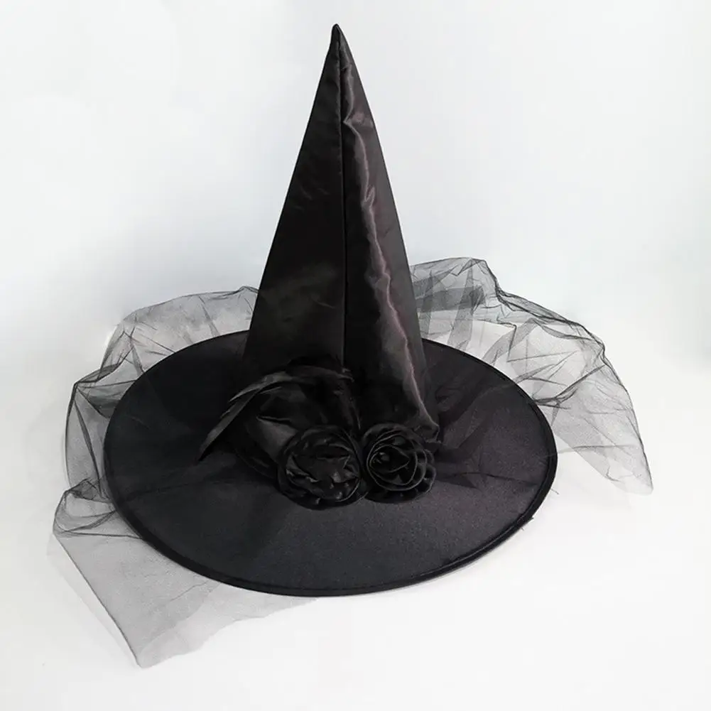 

Studyset Adult Halloween Costume Ball Party Sewing Feather Rose Flower Tulle Veil Net Fabrics Witch Cap Hat Witch Cap