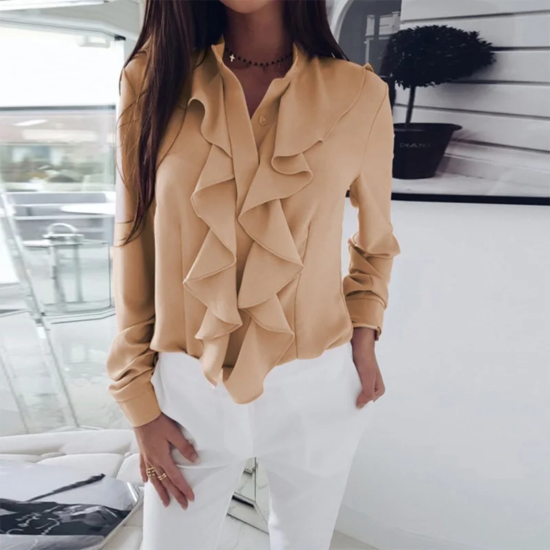 New Women Soft Blouse Tops Long Sleeves Ruffled V-neck Solid Color Slim Tops New Women Soft Blouse Tops Long Sleeves Ruffled V-neck Solid Color Slim Tops