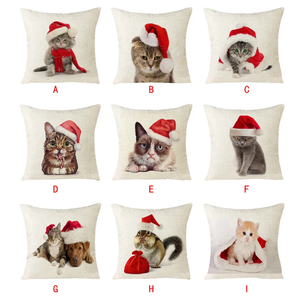

Christmas Pillow Case with Cute Cats and Dogs Printed Linen Throw Pillow Soft Bed Travel Pillow Cases 2019 Hot Sale Cushion Cove