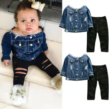 Одежда для маленьких девочек комплекты От 1 до 6 лет джинсовые топы с открытыми плечами с прорезями узкие брюки Комплект осенней одежды