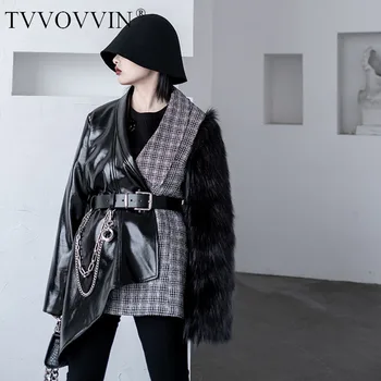 

TVVOVVIN Jacket Women Coat Irregular Motorcycle Plaid Tweed Spliced Faux Leather Jackets Women PU Coats Autumn Winter N3C3