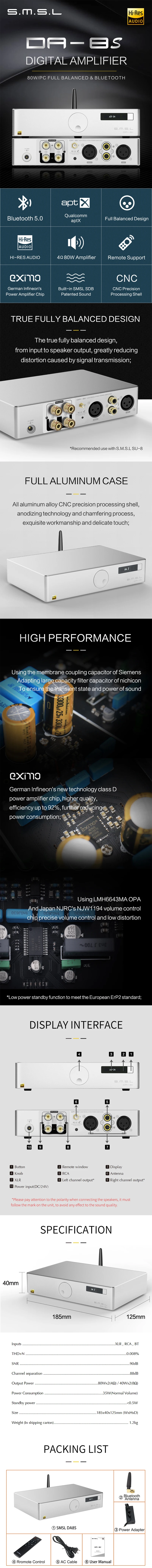SMSL DA-8s NJW1194 Qualcomm aptX Bluetooth 5.0 Amplifier Hi-Res Audio 80W*2 Digital Power Amplifier With Remote Control