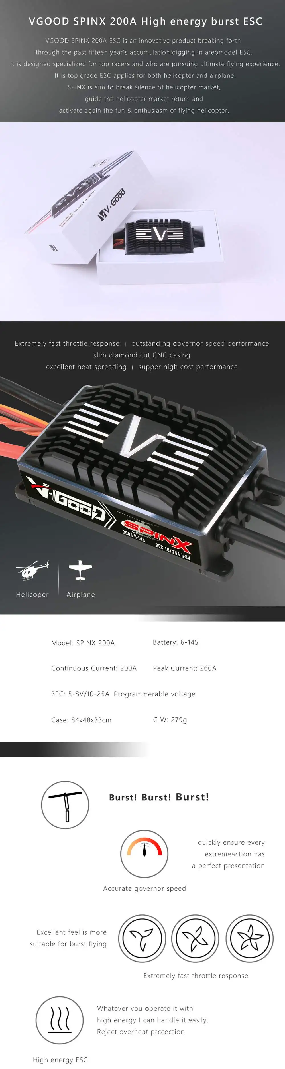 Высокое качество V-GOOD SPINX 200A 5-8 V/10A-25A 8-24KHz 6s-14s бесщеточный ESC для 700 класса RC вертолет, самолет с радиоуправлением части Accs