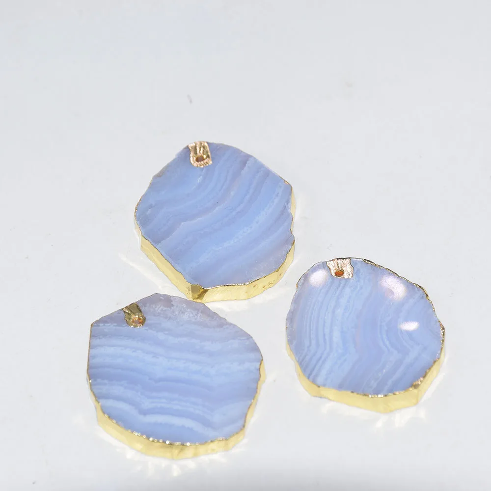 

Fashion Jewelry Natural Slice Blue Chalcedony Irregular pendant 2020 Gold Bezel slab Agates stone pendant for women accessories