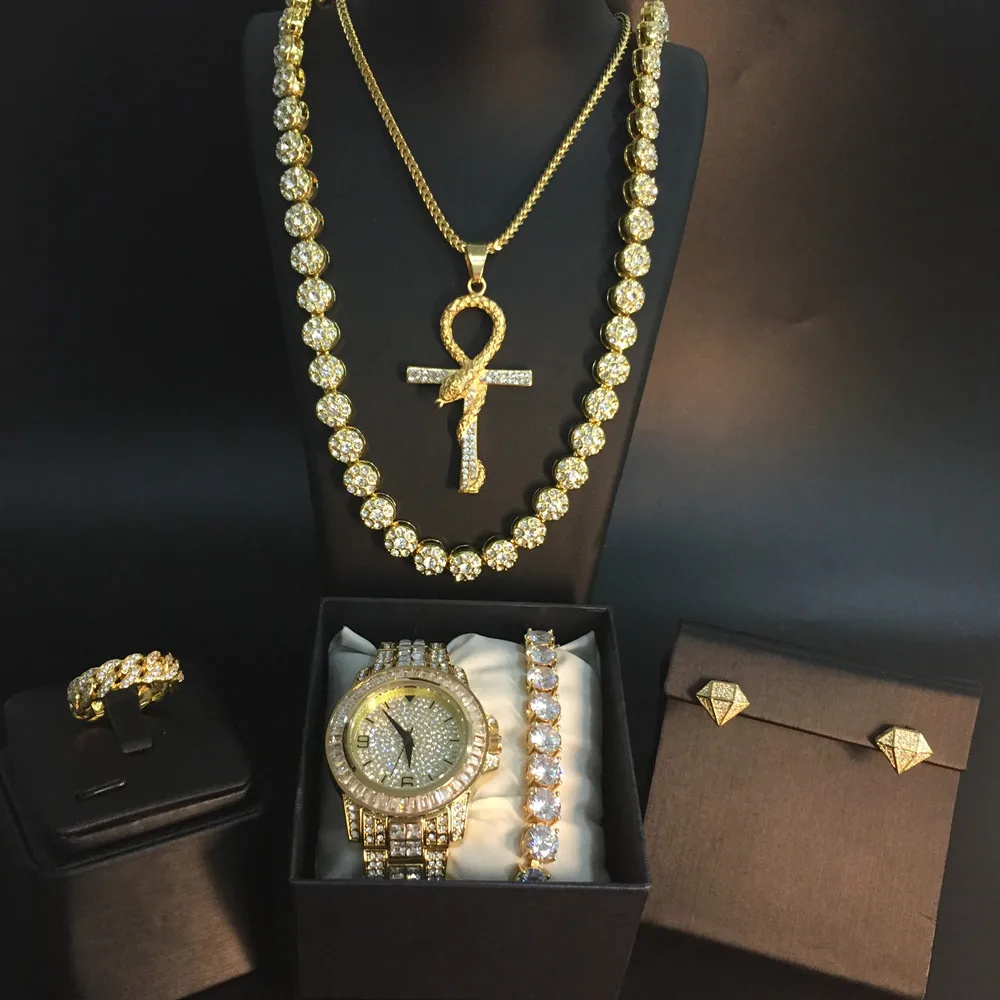Роскошные мужские золотые часы в стиле хип-хоп, мужские часы с крестиком и короной, мужские часы и ожерелье и часы и браслет, кубинские украшения, набор