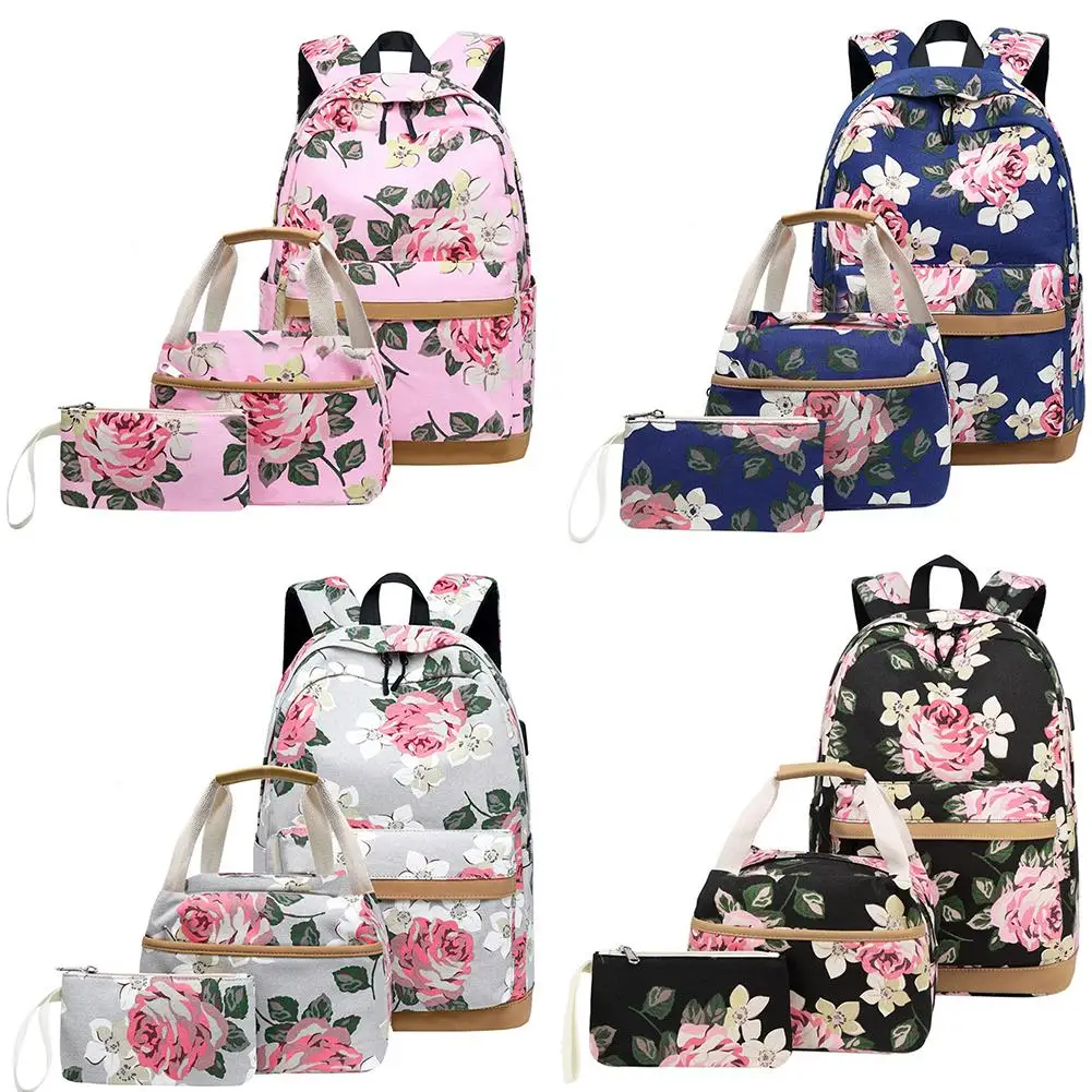 

School Backpack Canvas College Women Girl Bag Casual Travel Rucksack with Shoulder Bag and Pencil Case for Students Boys Girls